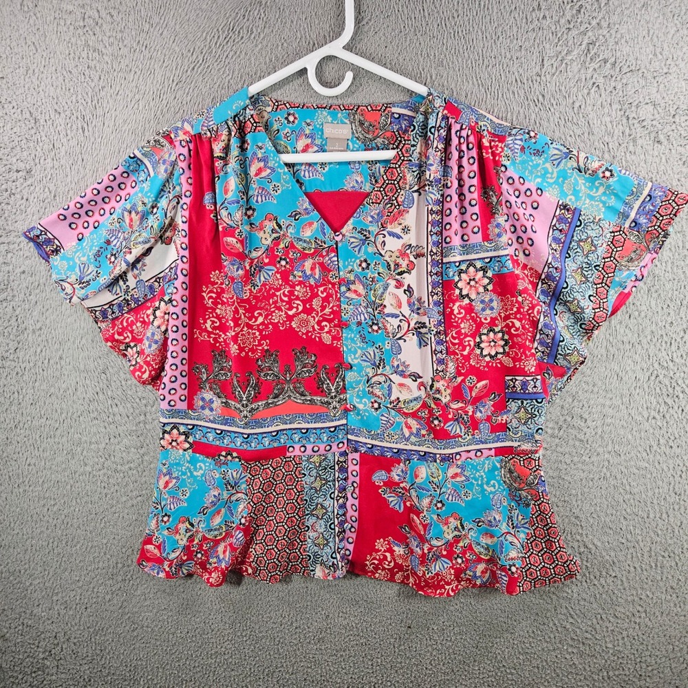 Chico's Women Size 2 Red Blue Patchwork Floral V-Neck Flutter Sleeve Peplum Top